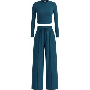 BTFBM Casual 2 Piece Sets For Women Fall Outfits 2026 Ribbed Spring Long Sleeve Crop Top Wide Leg Pants Matching Lounge Set(Lake Blue)