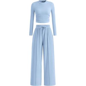 BTFBM Casual 2 Piece Sets For Women Fall Outfits 2026 Ribbed Spring Long Sleeve Crop Top Wide Leg Pants Matching Lounge Set(Light Blue)
