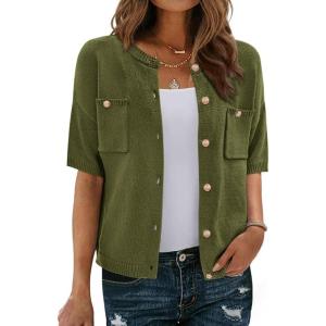 BTFBM Short Sleeve Cardigans for Women Button Up Sweaters Y2k Spring Summer 2025 Crew Neck Business Casual Work Clothes(Army Green)