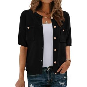 BTFBM Short Sleeve Cardigans for Women Button Up Sweaters Y2k Spring Summer 2025 Crew Neck Business Casual Work Clothes(Black)