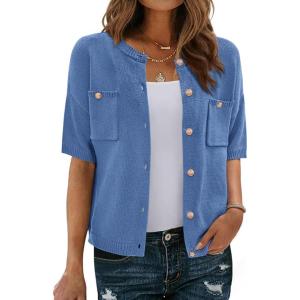 BTFBM Short Sleeve Cardigans for Women Button Up Sweaters Y2k Spring Summer 2025 Crew Neck Business Casual Work Clothes(Blue)