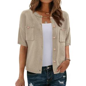 BTFBM Short Sleeve Cardigans for Women Button Up Sweaters Y2k Spring Summer 2025 Crew Neck Business Casual Work Clothes(Light Khaki)
