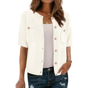 BTFBM Short Sleeve Cardigans for Women Button Up Sweaters Y2k Spring Summer 2025 Crew Neck Business Casual Work Clothes(White)