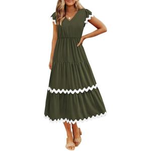 BTFBM Spring Summer Dresses for Women 2025 Vacation V Neck Cap Sleeve RIC Rac Loose Flowy Beach Midi Dress with Pocket(Solid Army Green)