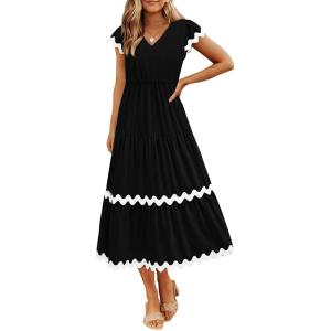 BTFBM Spring Summer Dresses for Women 2025 Vacation V Neck Cap Sleeve RIC Rac Loose Flowy Beach Midi Dress with Pocket(Solid Black)