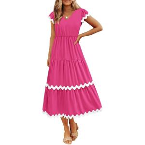 BTFBM Spring Summer Dresses for Women 2025 Vacation V Neck Cap Sleeve RIC Rac Loose Flowy Beach Midi Dress with Pocket(Solid Rose Red)