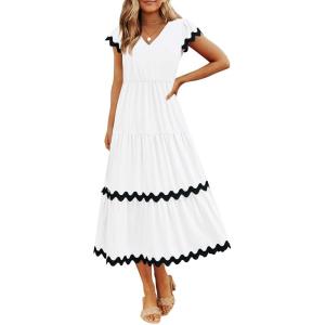 BTFBM Spring Summer Dresses for Women 2025 Vacation V Neck Cap Sleeve RIC Rac Loose Flowy Beach Midi Dress with Pocket(Solid White)