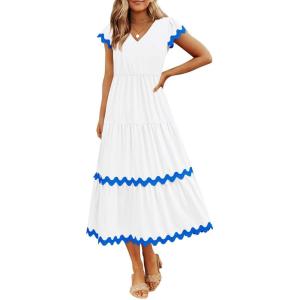BTFBM Spring Summer Dresses for Women 2025 Vacation V Neck Cap Sleeve RIC Rac Loose Flowy Beach Midi Dress with Pocket(Solid White Blue)