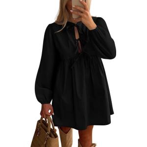 BTFBM Women’s Casual Short Dress 2025 Bow Tie Front Puff Long Sleeve Button A Line Cute Y2K Going Out Dresses Pockets(Black)