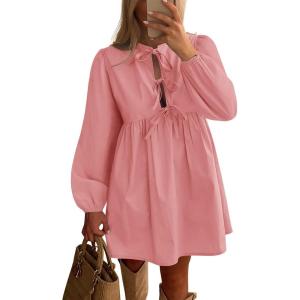 BTFBM Women’s Casual Short Dress 2025 Bow Tie Front Puff Long Sleeve Button A Line Cute Y2K Going Out Dresses Pockets(Pink)