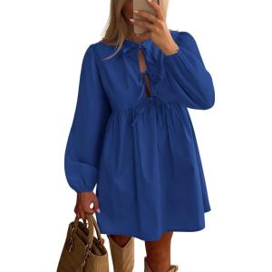 BTFBM Women’s Casual Short Dress 2025 Bow Tie Front Puff Long Sleeve Button A Line Cute Y2K Going Out Dresses Pockets(Royal Blue)