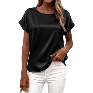 BTFBM Womens Summer Tops 2026 Satin Silk Crewneck Short Sleeve Shirts Work Business Outfits Spring Blouses Dressy Casual(Black)