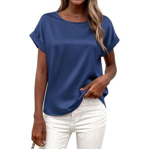 BTFBM Womens Summer Tops 2026 Satin Silk Crewneck Short Sleeve Shirts Work Business Outfits Spring Blouses Dressy Casual(Dark Grey Blue)