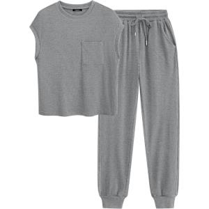 BTFBM Women’s Two Piece Tracksuit Outfits Summer Short Sleeve Tops Long Pants Jogger Lounge Matching Sets Sweatsuit(Grey)