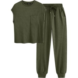 BTFBM Women’s Two Piece Tracksuit Outfits Summer Short Sleeve Tops Long Pants Jogger Lounge Matching Sets Sweatsuit(Solid Army Green)