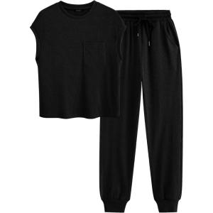BTFBM Women’s Two Piece Tracksuit Outfits Summer Short Sleeve Tops Long Pants Jogger Lounge Matching Sets Sweatsuit(Solid Black)