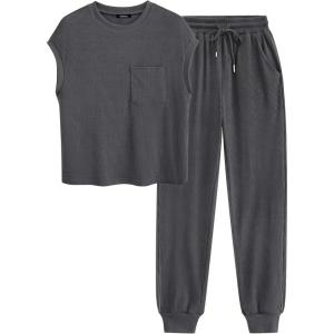 BTFBM Women’s Two Piece Tracksuit Outfits Summer Short Sleeve Tops Long Pants Jogger Lounge Matching Sets Sweatsuit(Solid Dark Grey)