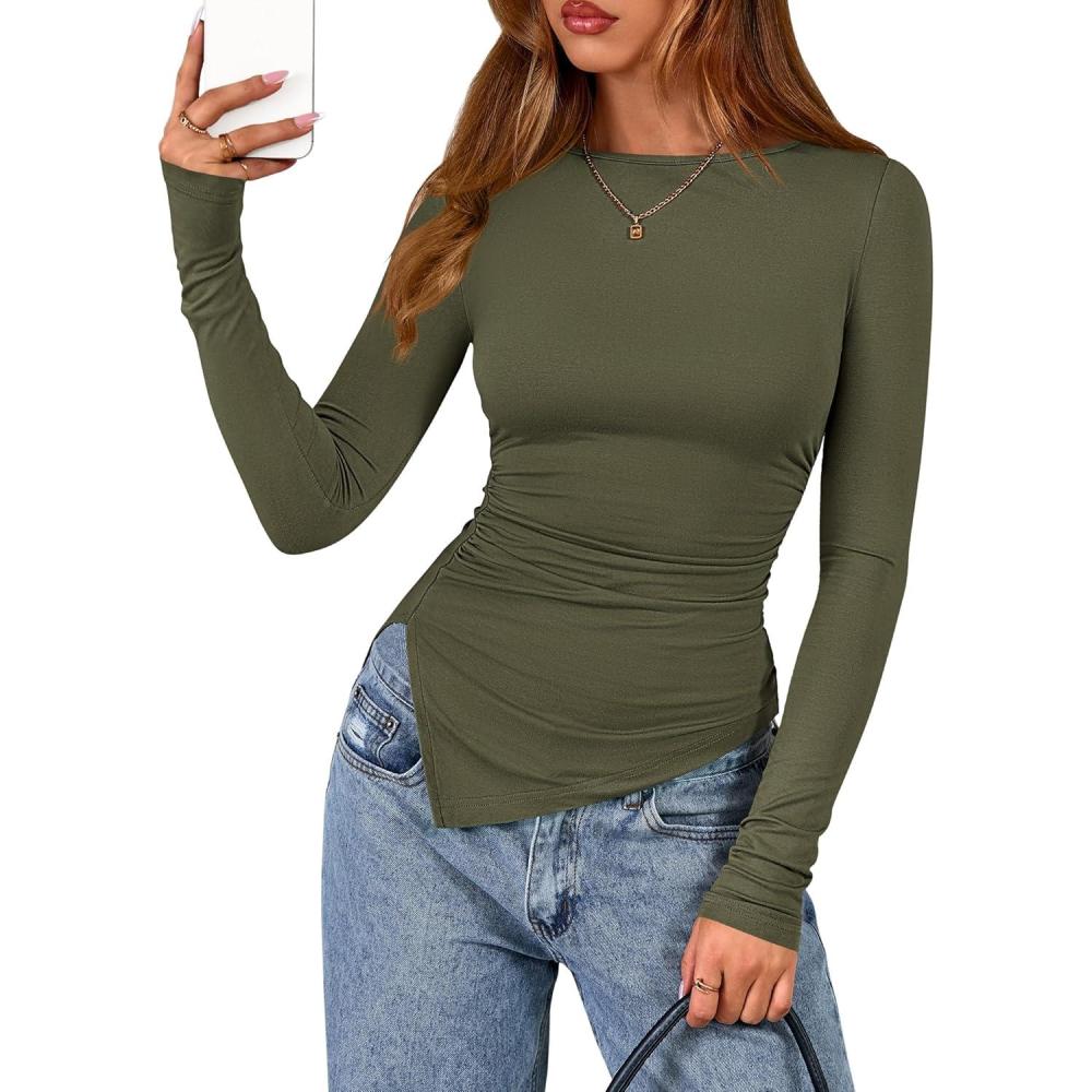 imageBTFBM Asymmetrical Tops for Women Long Sleeve Shirts Fall 2025 Ruched Slit Fitted Basic Tees Y2k Going Out Tunic TopArmy Green