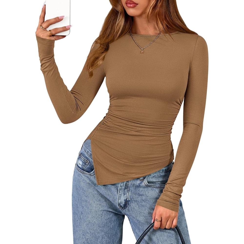 imageBTFBM Asymmetrical Tops for Women Long Sleeve Shirts Fall 2025 Ruched Slit Fitted Basic Tees Y2k Going Out Tunic TopCamel