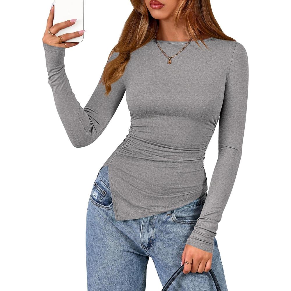 imageBTFBM Asymmetrical Tops for Women Long Sleeve Shirts Fall 2025 Ruched Slit Fitted Basic Tees Y2k Going Out Tunic TopGrey