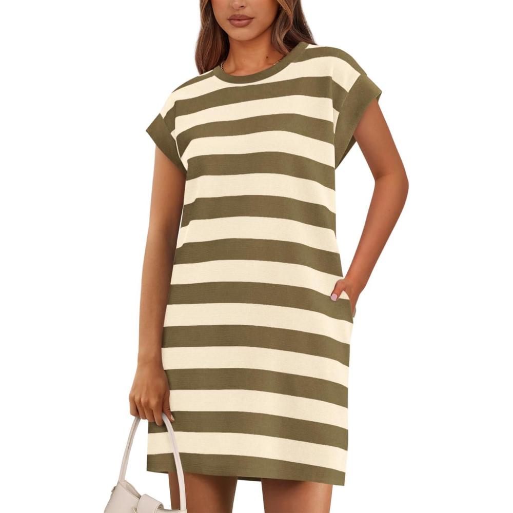 imageBTFBM Casual Dresses for Women 2025 Summer Striped Tshirt Short Dress Loose Cap Sleeve Beach Vacation Clothes PocketsKhaki Green