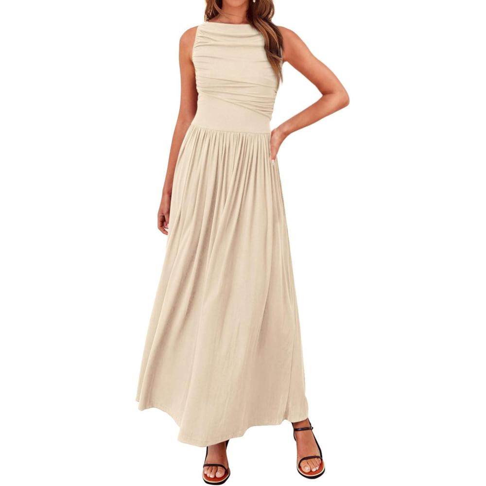 imageBTFBM Women Casual Dress 2025 Summer Sleeveless Ruched Maxi Dresses Boat Neck High Waist Lightweight Tank Dress PocketsBeige