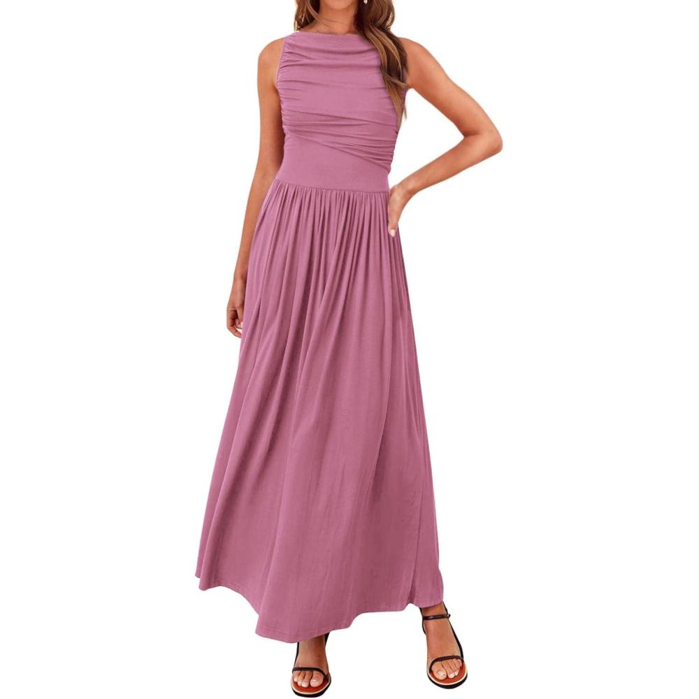 imageBTFBM Women Casual Dress 2025 Summer Sleeveless Ruched Maxi Dresses Boat Neck High Waist Lightweight Tank Dress PocketsPink Purple