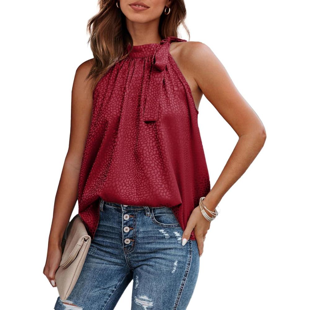 imageBTFBM Women Sleeveless Tie Mock Neck Spring Summer Tops Loose Casual Side Bow Satin Halter Tank Top Blouses Shirts ClothesWine Red