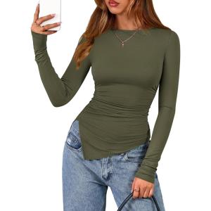 BTFBM Asymmetrical Tops for Women Long Sleeve Shirts Fall 2025 Ruched Slit Fitted Basic Tees Y2k Going Out Tunic Top(Army Green)