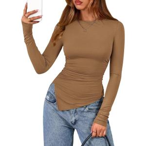 BTFBM Asymmetrical Tops for Women Long Sleeve Shirts Fall 2025 Ruched Slit Fitted Basic Tees Y2k Going Out Tunic Top(Camel)