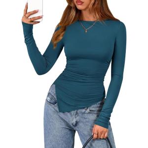 BTFBM Asymmetrical Tops for Women Long Sleeve Shirts Fall 2025 Ruched Slit Fitted Basic Tees Y2k Going Out Tunic Top(Dark Blue)