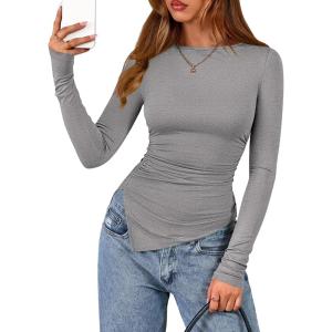 BTFBM Asymmetrical Tops for Women Long Sleeve Shirts Fall 2025 Ruched Slit Fitted Basic Tees Y2k Going Out Tunic Top(Grey)