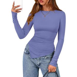BTFBM Asymmetrical Tops for Women Long Sleeve Shirts Fall 2025 Ruched Slit Fitted Basic Tees Y2k Going Out Tunic Top(Grey Blue)