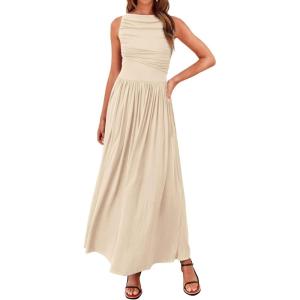BTFBM Women Casual Dress 2025 Summer Sleeveless Ruched Maxi Dresses Boat Neck High Waist Lightweight Tank Dress Pockets(Beige)