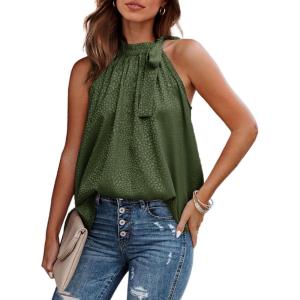 BTFBM Women Sleeveless Tie Mock Neck Spring Summer Tops Loose Casual Side Bow Satin Halter Tank Top Blouses Shirts Clothes(Army Green)