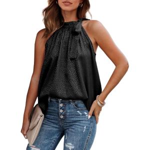 BTFBM Women Sleeveless Tie Mock Neck Spring Summer Tops Loose Casual Side Bow Satin Halter Tank Top Blouses Shirts Clothes(Black)