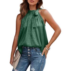 BTFBM Women Sleeveless Tie Mock Neck Spring Summer Tops Loose Casual Side Bow Satin Halter Tank Top Blouses Shirts Clothes(Dark Green)
