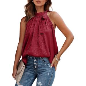 BTFBM Women Sleeveless Tie Mock Neck Spring Summer Tops Loose Casual Side Bow Satin Halter Tank Top Blouses Shirts Clothes(Wine Red)