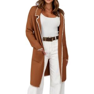 BTFBM Women’s Open Front Cardigan Lapel Coatigan Lady 2024 Fall Winter Jacket Outwear Long Sweater Blazer with Pockets(Caramel)