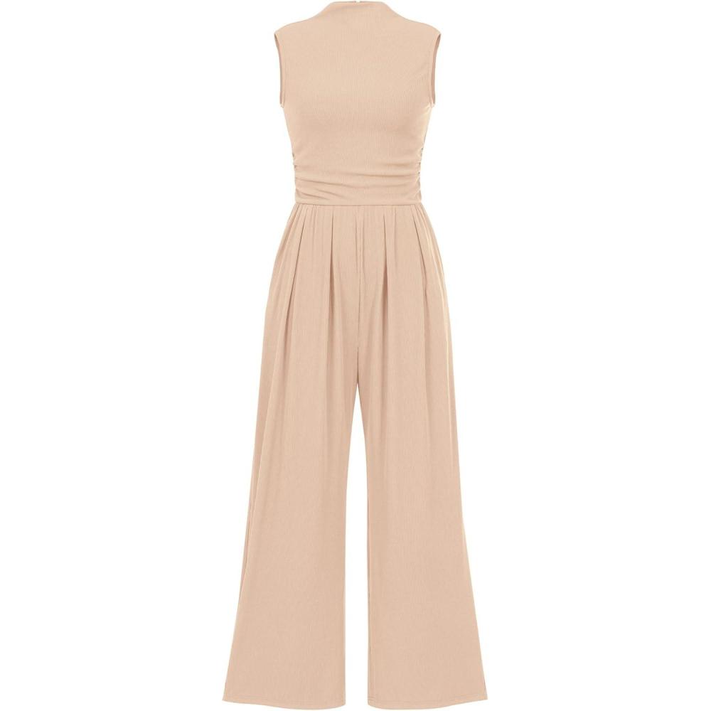 imageBTFBM One Piece Jumpsuits For Women Dressy Casual Spring Summer Outfits 2025 Sleeveless Mock Neck Wide Leg Pants RompersBeige