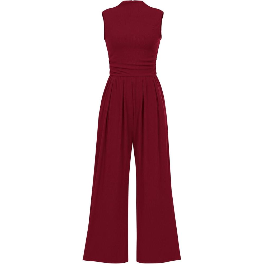 imageBTFBM One Piece Jumpsuits For Women Dressy Casual Spring Summer Outfits 2025 Sleeveless Mock Neck Wide Leg Pants RompersWine Red