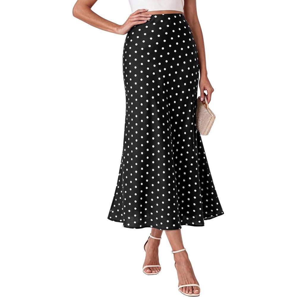 imageBTFBM Satin Maxi Skirts for Women 2026 Summer Spring Boho A Line High Waisted Cocktail Wedding Guest Party Silk Midi SkirtDot Black White