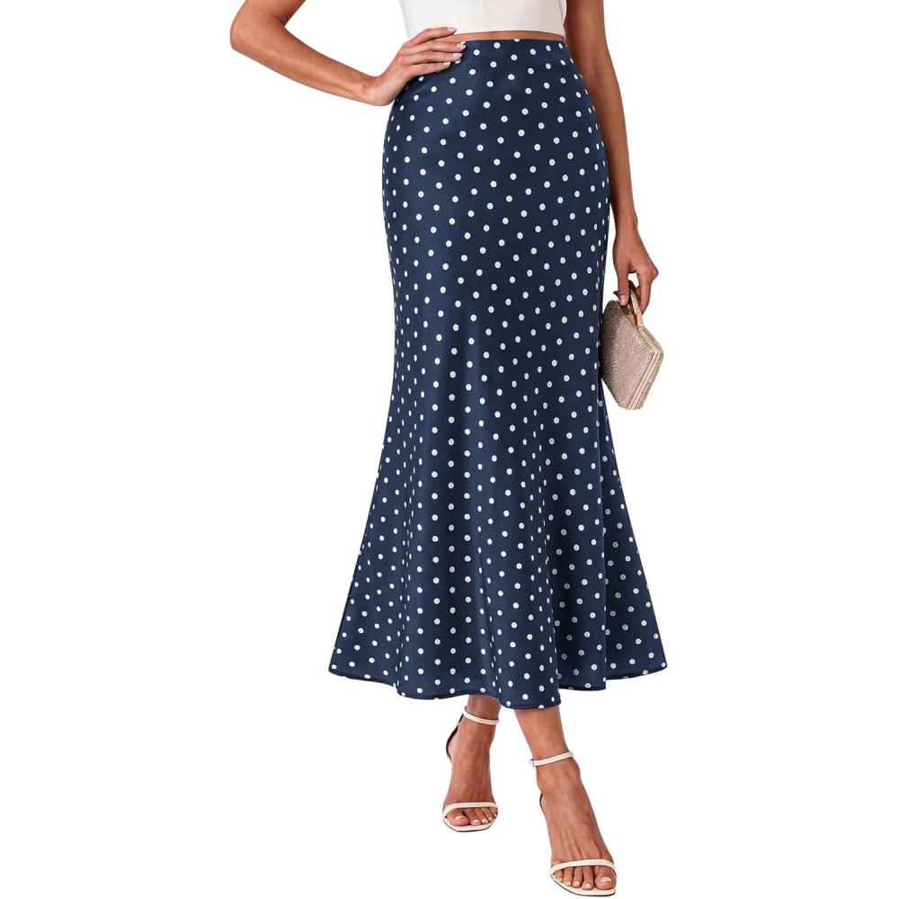 imageBTFBM Satin Maxi Skirts for Women 2026 Summer Spring Boho A Line High Waisted Cocktail Wedding Guest Party Silk Midi SkirtDot Navy White