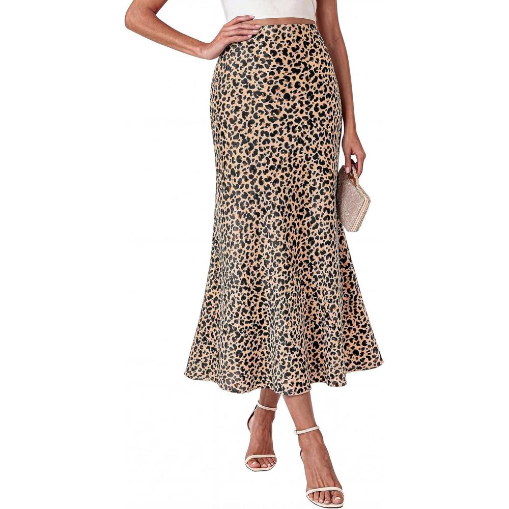 imageBTFBM Satin Maxi Skirts for Women 2026 Summer Spring Boho A Line High Waisted Cocktail Wedding Guest Party Silk Midi SkirtLeopard Print