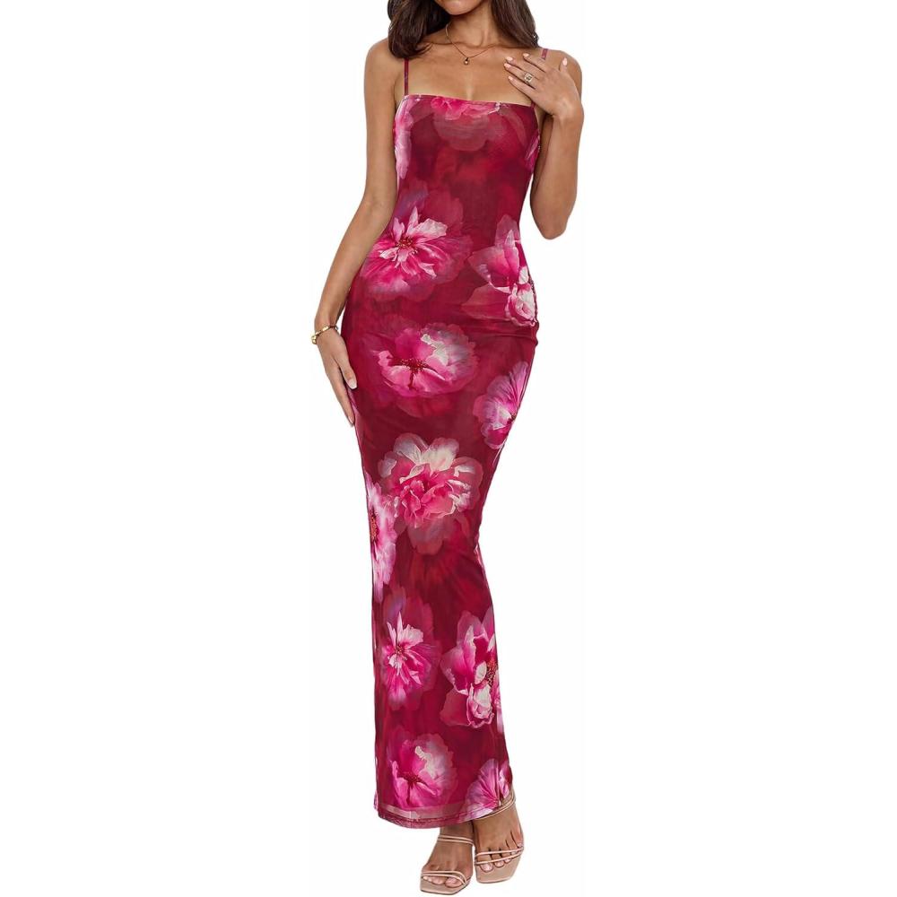 imageBTFBM Womens Maxi Dress 2026 Spring Floral Sexy Spaghetti Straps Sleeveless Bodycon Summer Beach Wedding Guest DressesFloral Rose Pink