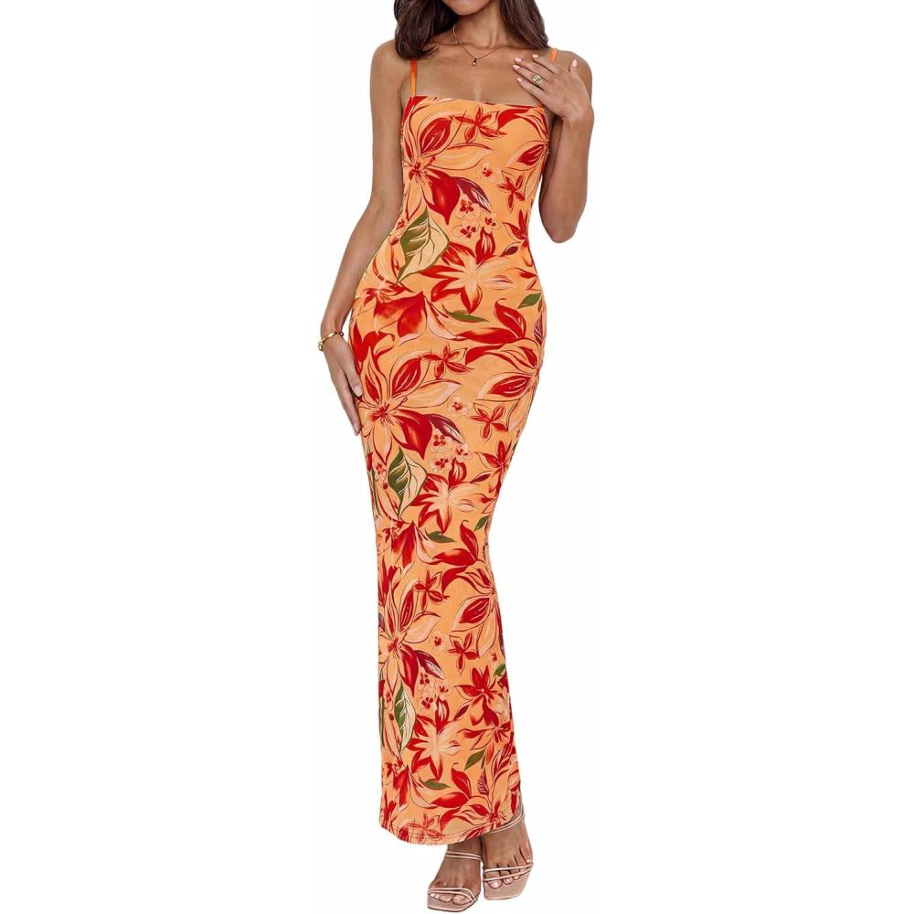 imageBTFBM Womens Maxi Dress 2026 Spring Floral Sexy Spaghetti Straps Sleeveless Bodycon Summer Beach Wedding Guest DressesFloral Yellow Red