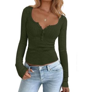 BTFBM Fall Sweaters for Women 2025 Lightweight Long Sleeve Henley Shirts Button Up Knit Basic Slim Fit Going Out Tops(Army Green)