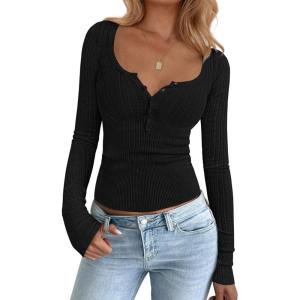 BTFBM Fall Sweaters for Women 2025 Lightweight Long Sleeve Henley Shirts Button Up Knit Basic Slim Fit Going Out Tops(Black)
