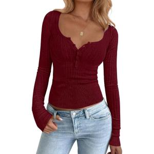 BTFBM Fall Sweaters for Women 2025 Lightweight Long Sleeve Henley Shirts Button Up Knit Basic Slim Fit Going Out Tops(Burgundy)