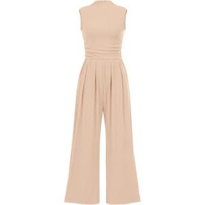 BTFBM One Piece Jumpsuits For Women Dressy Casual Spring Summer Outfits 2025 Sleeveless Mock Neck Wide Leg Pants Rompers(Beige)